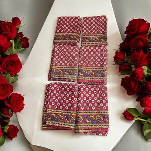Set of 6 Napkins Cloth Table Linens Printed Abstract Floral Leaf Design Red